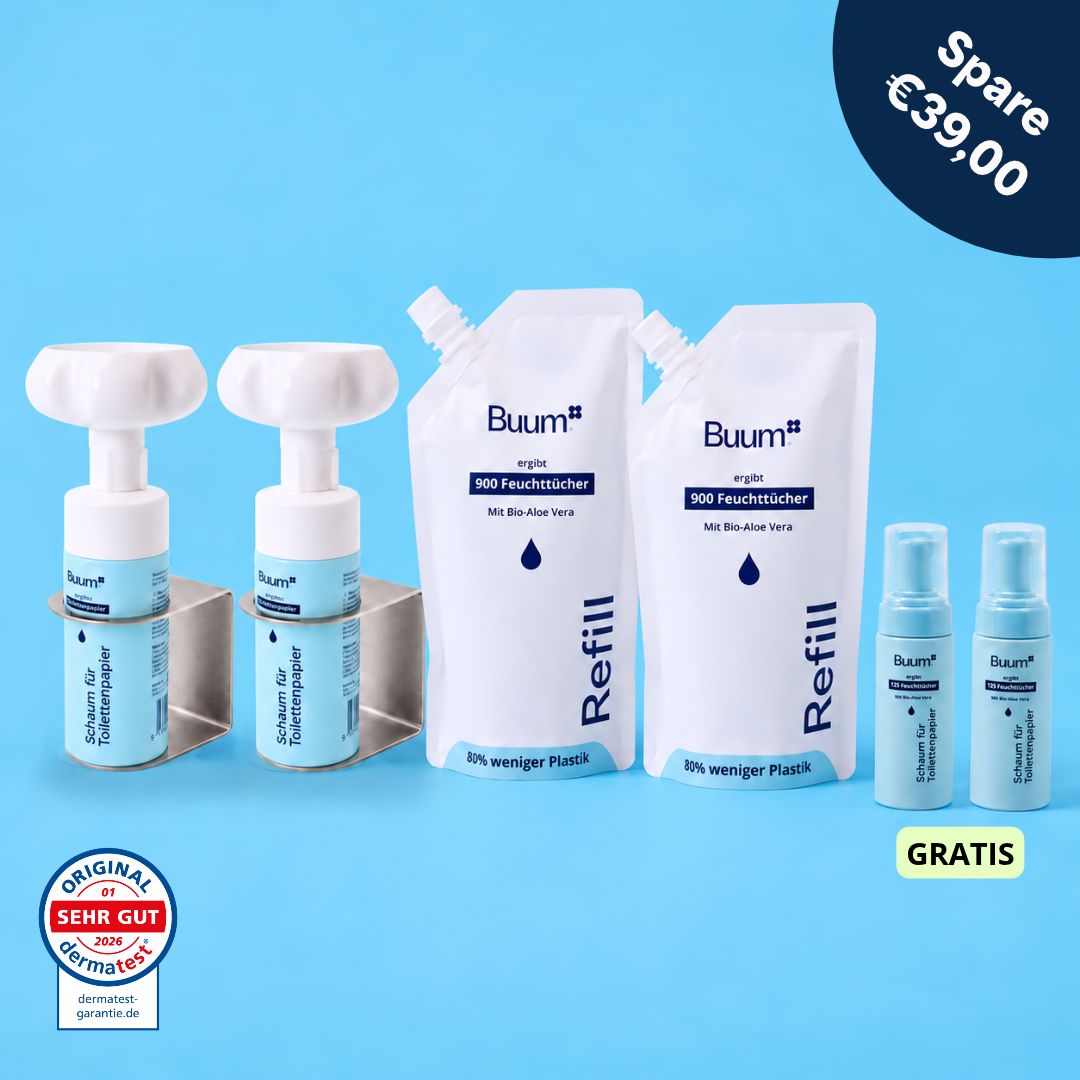 Zwei Buum Badezimmer-Sets mit Edelstahl-Halter
