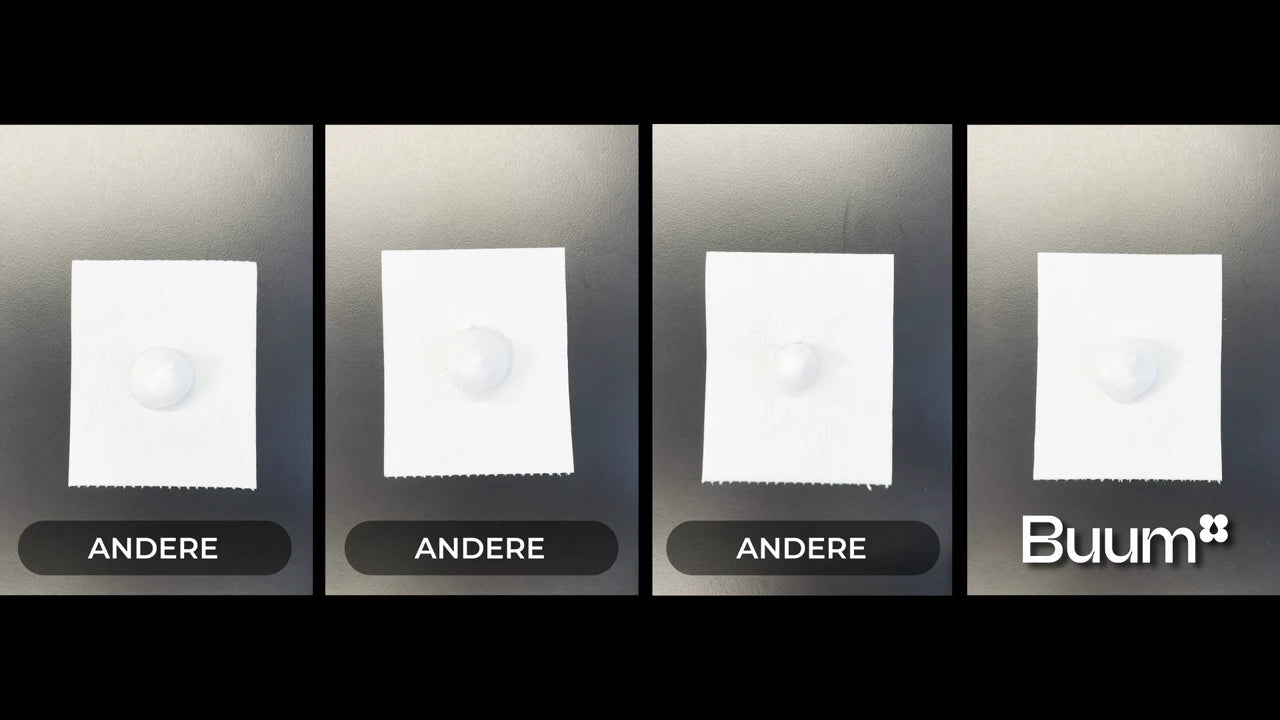 Originalvergleich: drei andere Schäume und Buum auf Toilettenpapier