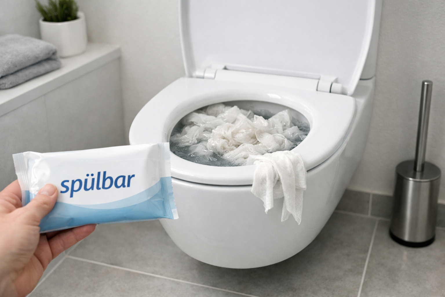Verstopfte Toilette durch spülbare Feuchttücher